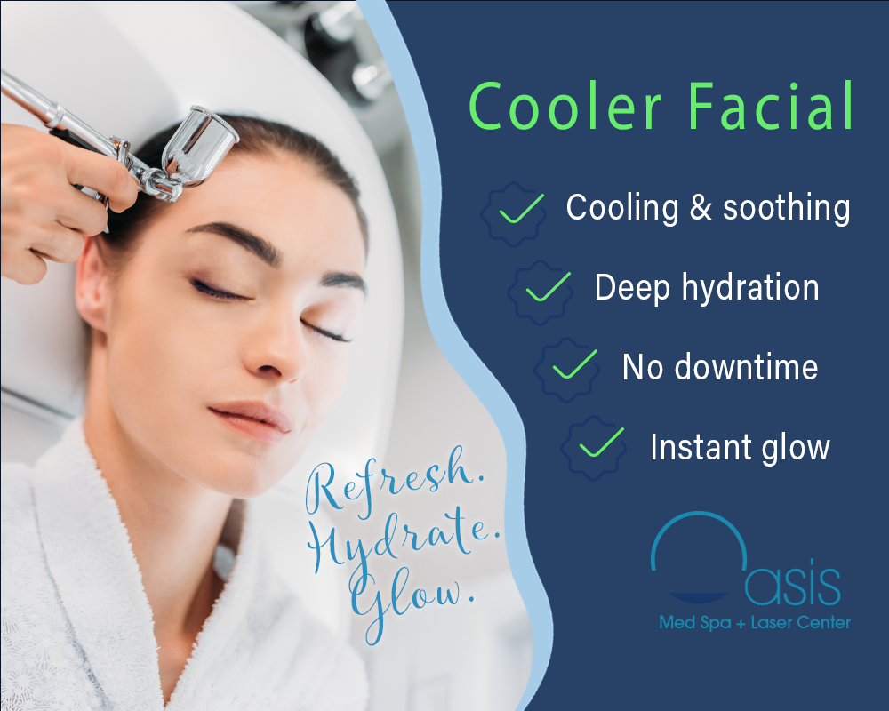 Promotional graphic showing a client receiving a Cooler Facial. The image highlights key benefits, including cooling and soothing, deep hydration, no downtime, and an instant glow, alongside the phrase "Refresh. Hydrate. Glow."