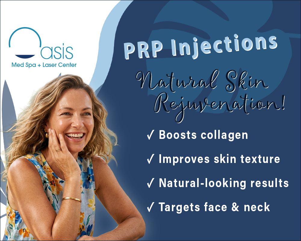 Woman smiling after PRP injections treatment promoting natural skin rejuvenation for the face and neck at Oasis Med Spa & Laser Center.