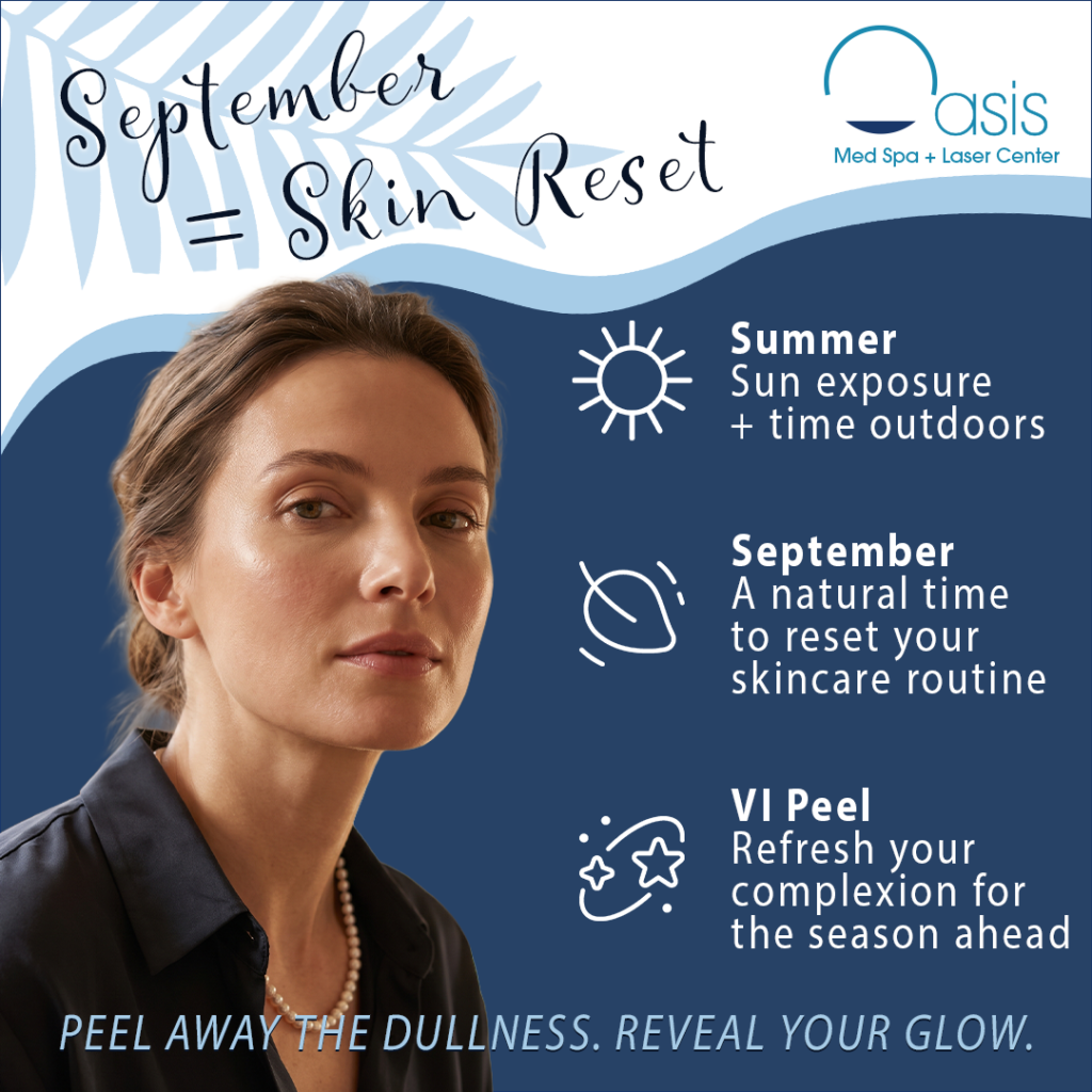 Oasis Med Spa promotional graphic for a September skin reset campaign promoting VI Peel treatments after summer sun exposure.